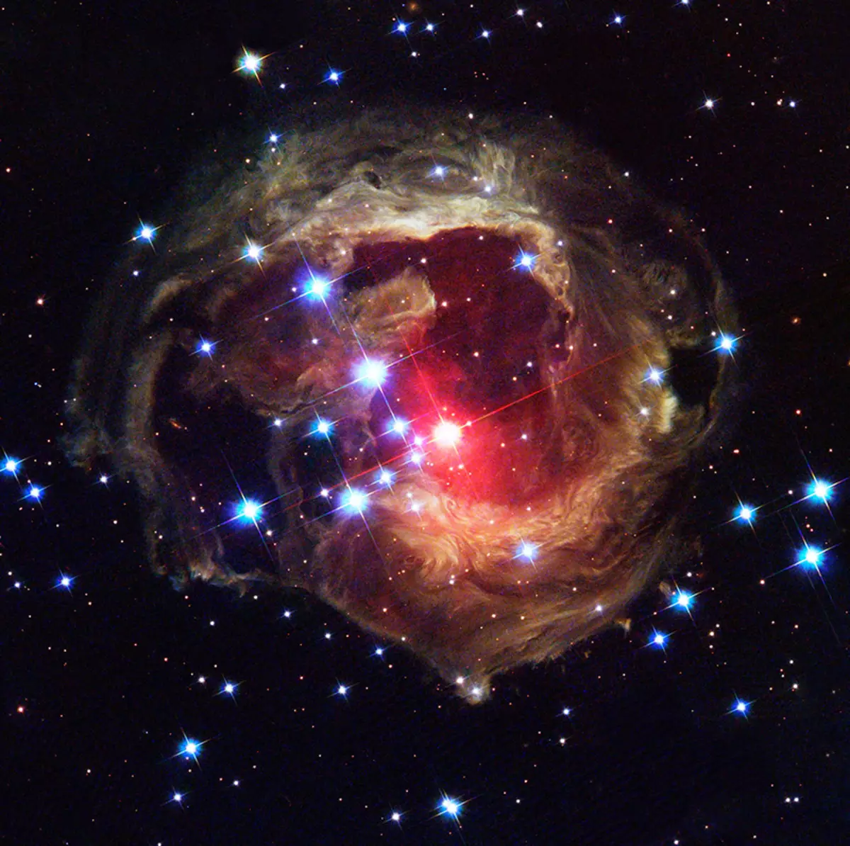 Chithunzi cha Hubble Space cha Telescope cha Star V838 Monocerotis (V838 Monorodotis (V838 Monorodotis (V838 Monocerotis (V838 Monocerotis (V838 Monocerotis (V838 Monocerotis (V838 Monocerotis (V838 Monorodotis (V838 Monocerotis (V838 Monorodotis (V838 Monocerotis (V838 Monorodotis (V838 Monroctotis (V838 Monorodotis (V838 Monorodotis (V838 Mon) Amavumbula kusintha kwa Dupi la Mitambo Yabwino. Zotsatira zake, zotchedwa Echo, sizinadziwikenso kuyambira pomwe nyenyeziyo idawala kwa milungu ingapo koyambirira kwa 2002.