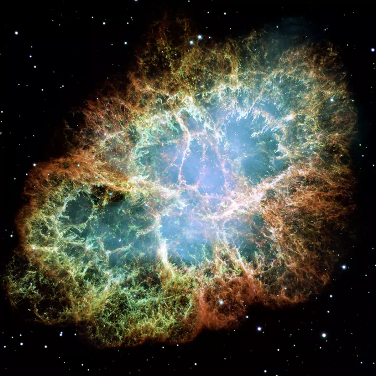 This new Hubble image - among the largest ever produced with the Earth-orbiting observatory - gives the most detailed view of the entire Crab Nebula ever. The Crab is among the most interesting and well studied objects in astronomy. This image is the largest image ever taken with Hubble's WFPC2 camera. It was assembled from 24 individual exposures taken with the NASA / ESA Hubble Space Telescope and is the highest resolution image of the entire Crab Nebula ever made.