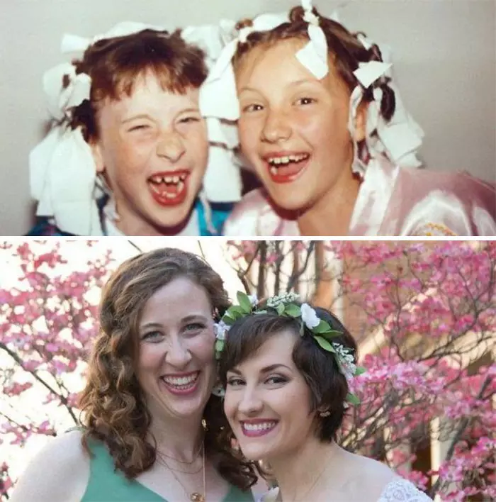 Friendship after year. Photo from childhood VS Photo from adulthood